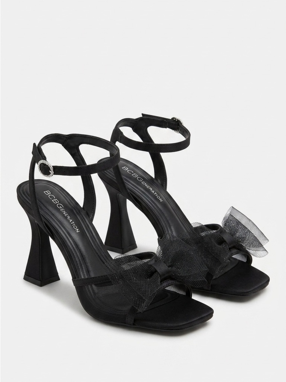 BCBGeneration Black Tulle Bow Ankle Strap Heels